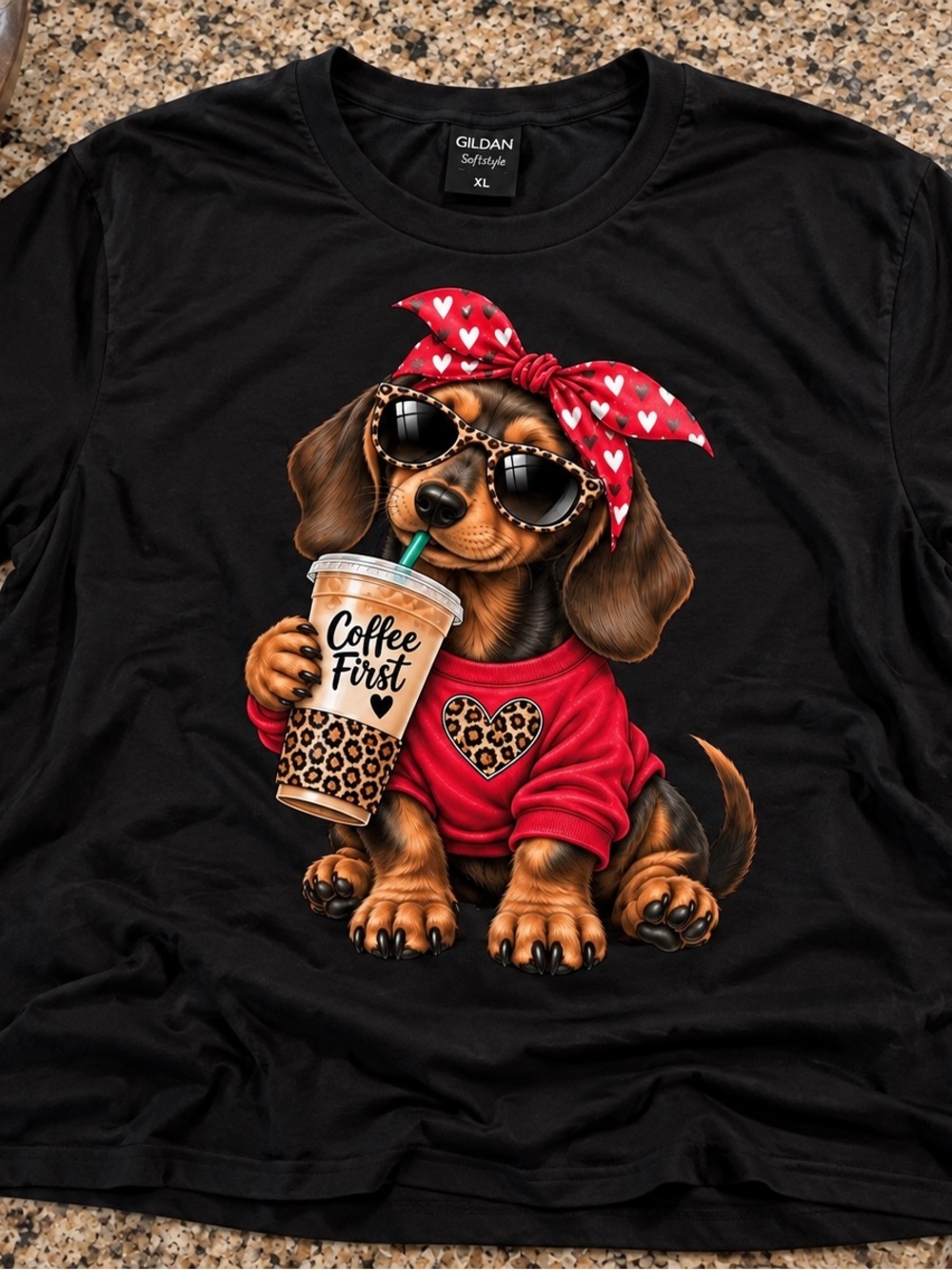Gildan Black Tee - Dachshund 'Coffee First' Graphic with Red Accents Sz XL NWOT